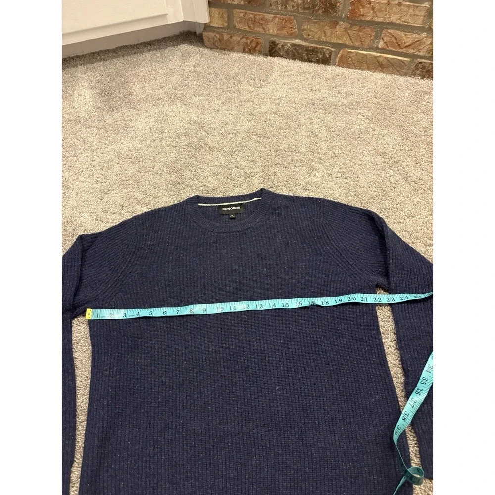 Bonobos Sweater Men Medium Blue Merino Wool Tight Knit Ribbed Hem Crew Neck Cozy